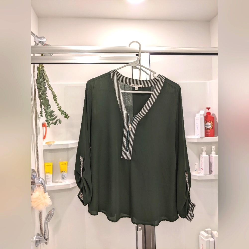 Notations Brand Green Blouse with stripes on collar and cuffs